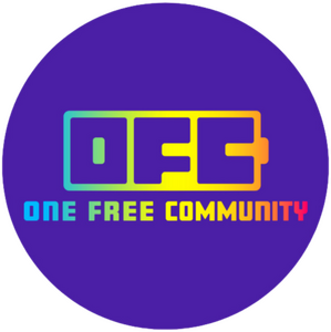 Purple Circle with a battery shaped into the letters OFC and Text below reads One Free Community both in rainbow gradient